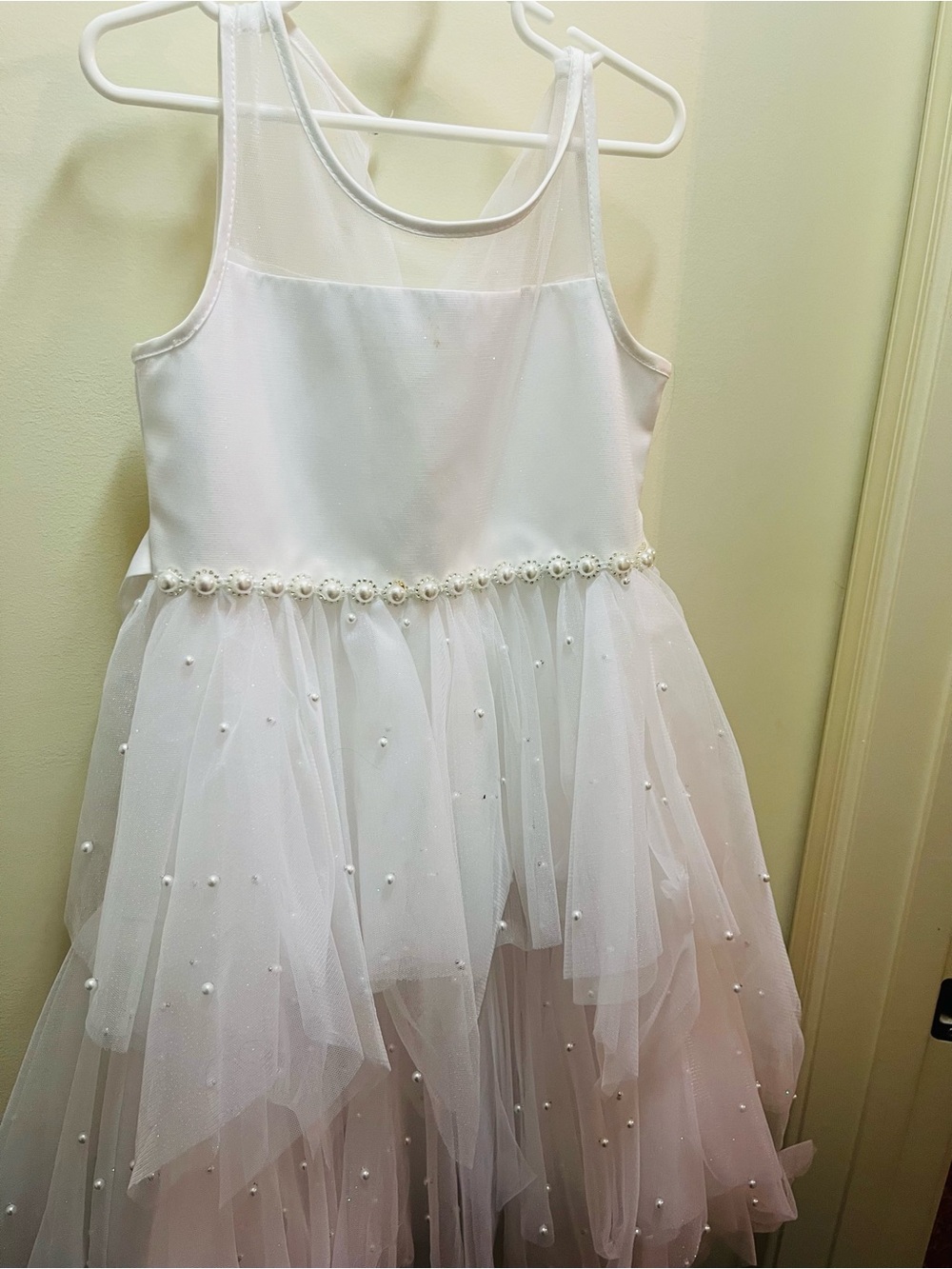 American princess White Tulle Dress with Pearl Trim